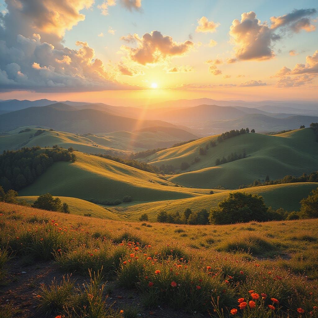 Dreamy Countryside in Warm Sunlight