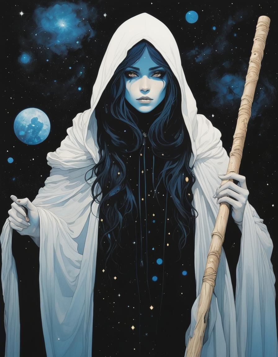 Mysterious Dark Elf with Cosmic Nebula Background