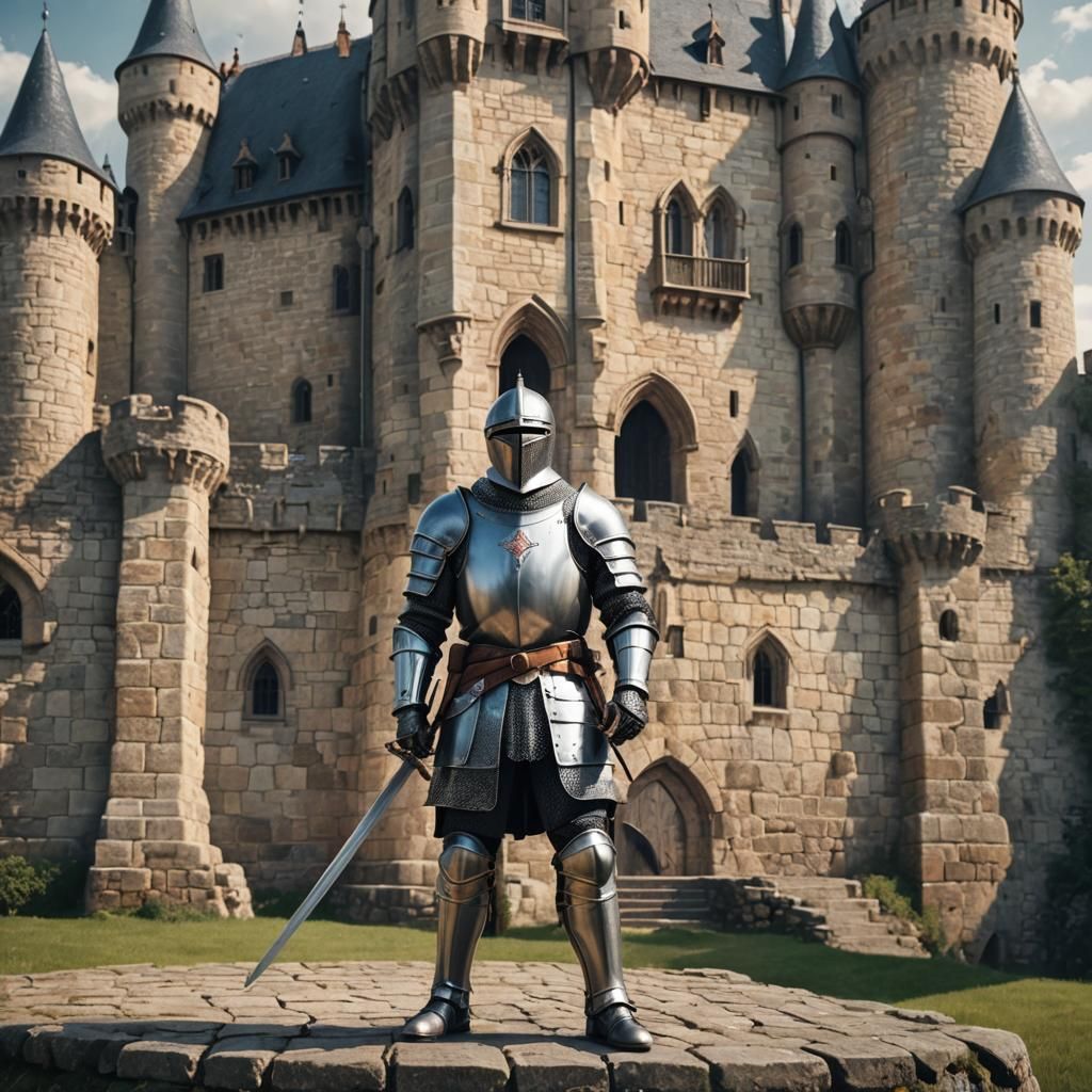 Medieval Knight with Sword Before Castle