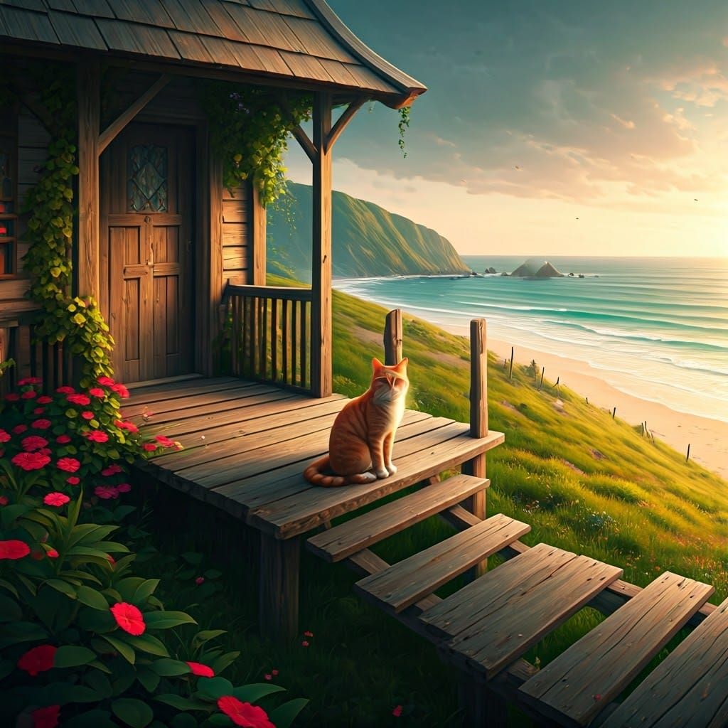 Ginger Cat Reclines on Wooden Porch of Charming Beachside Co...