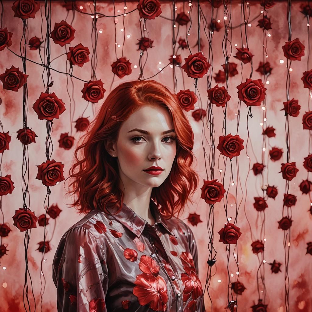 Red-Headed Student in Red Room, Alcohol Ink Painting