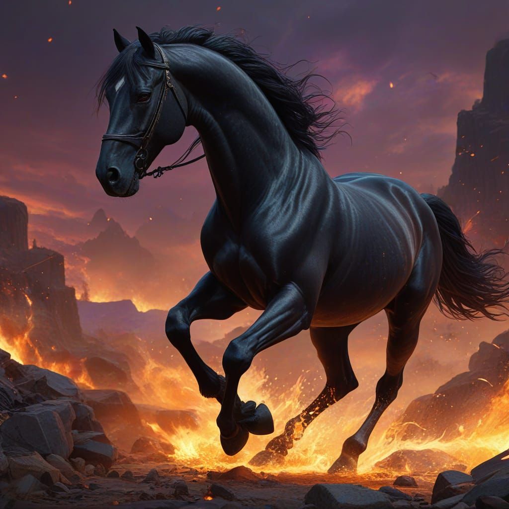 Epic Dark Fantasy Horse with Blazing Hooves and Fiery Breath...