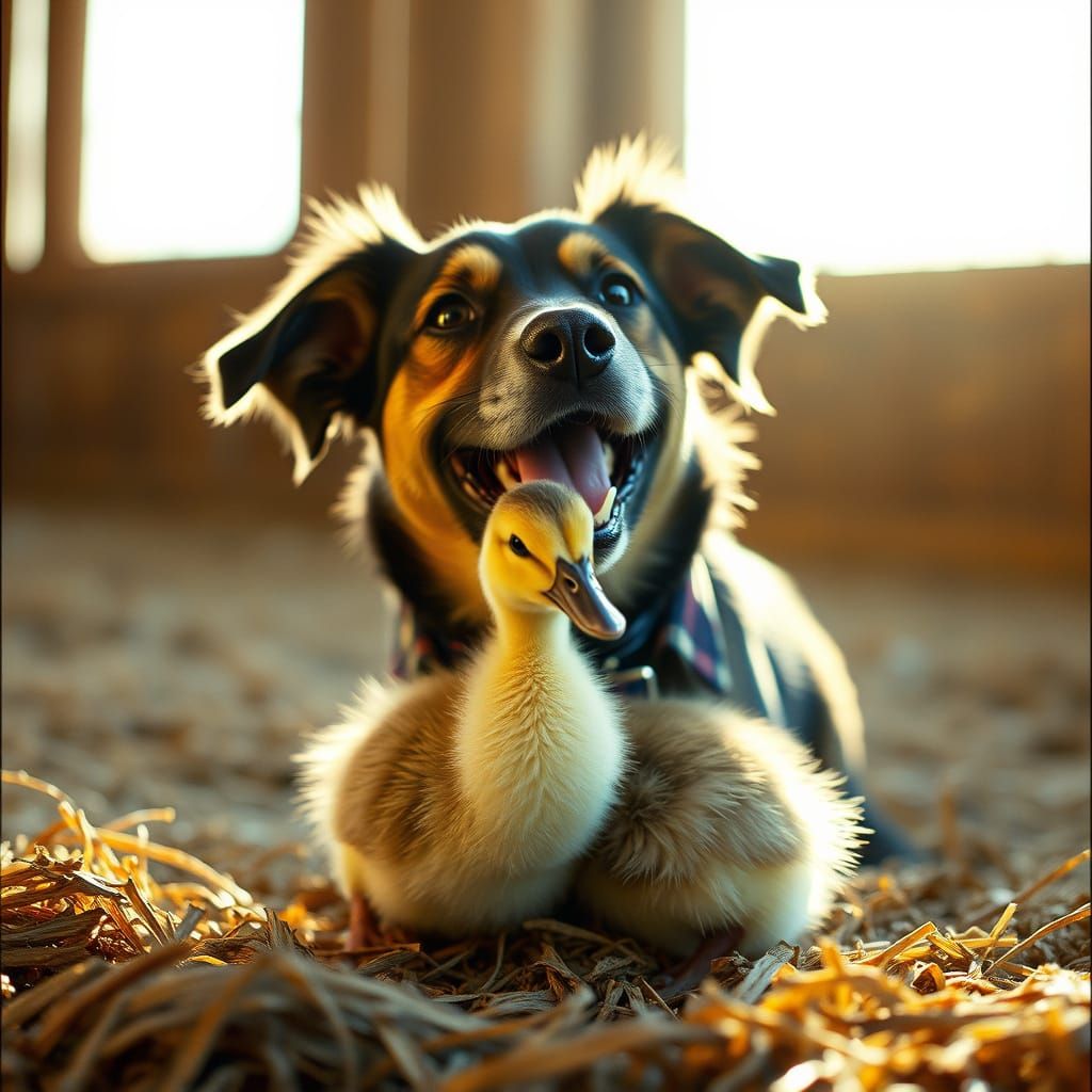 Dog and Duckling Cuddle in Rustic Barn