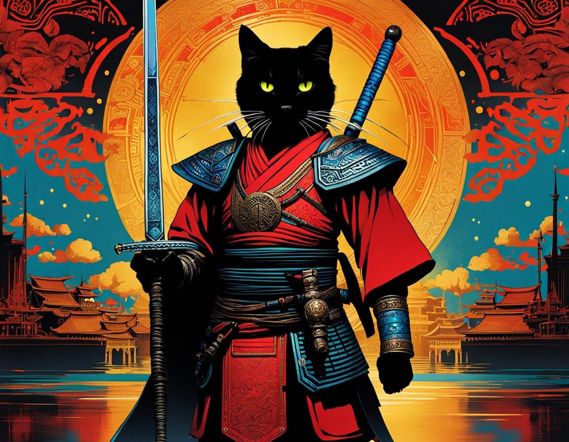 Cyber Samurai Cat in Vibrant Egyptian Art
