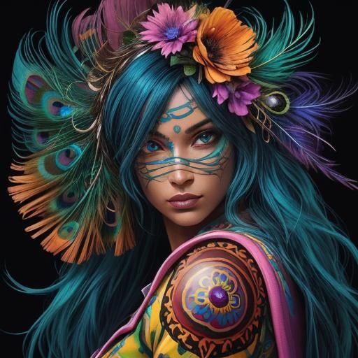 Peacock Woman Portrait in Comic Book Style