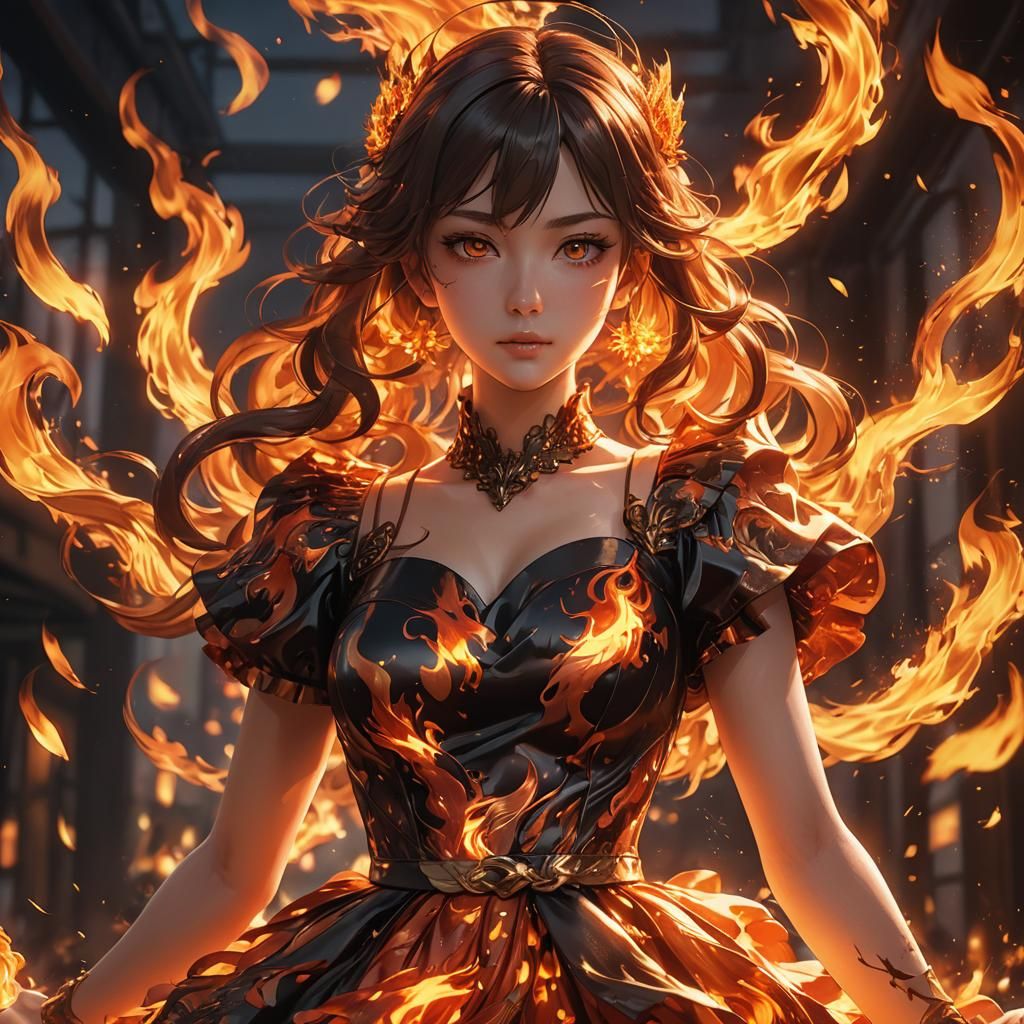 Anime Girl in Flaming Dress: 3D Digital Art