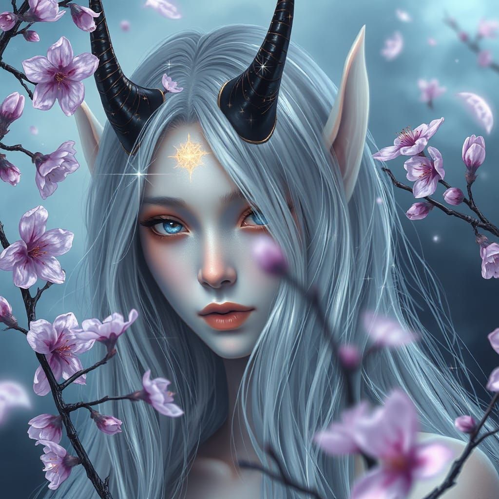 Celestial Being with Star Silver Hair and Vibrant Sakura Blo...