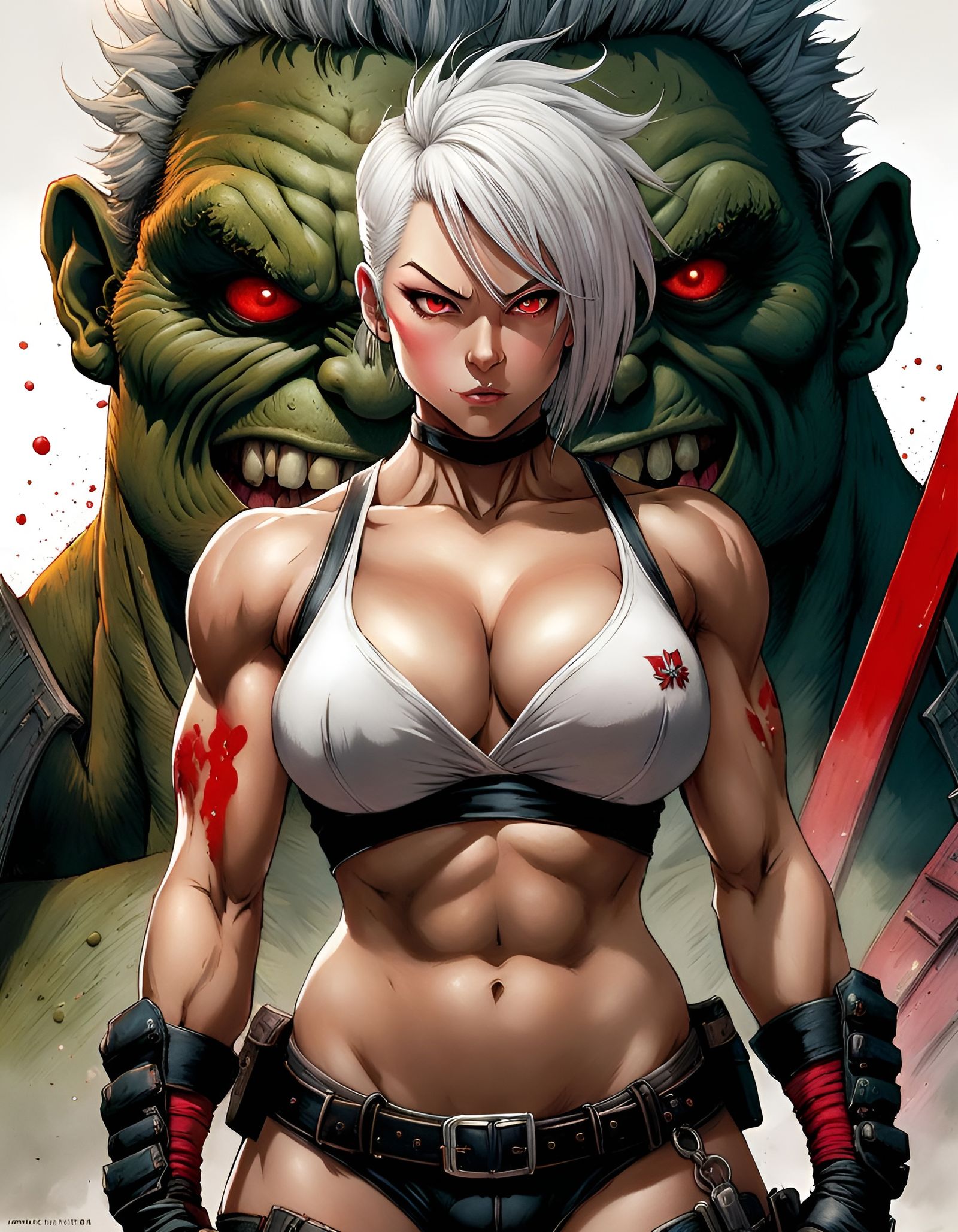 Muscular Woman Crayon Caricature with Wild Hair