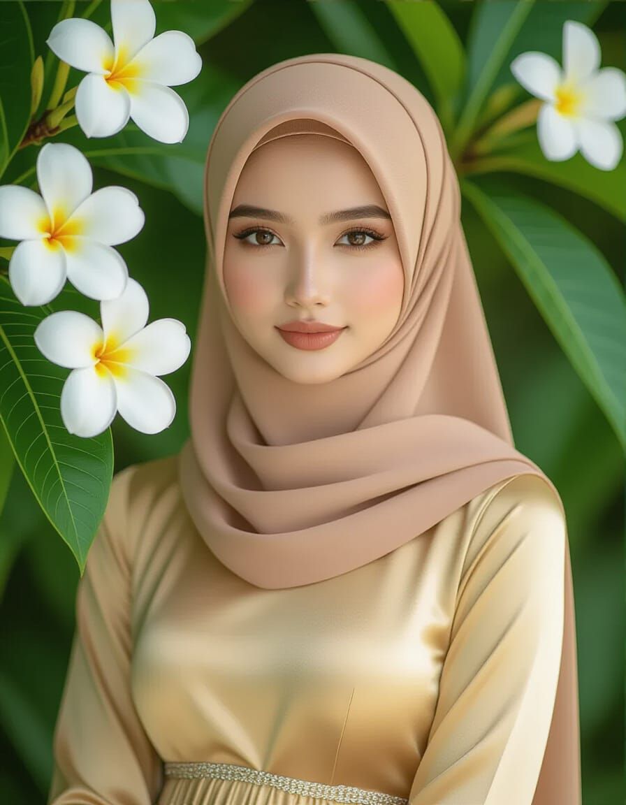 Indonesian Woman in Gold Satin Dress with Frangipani