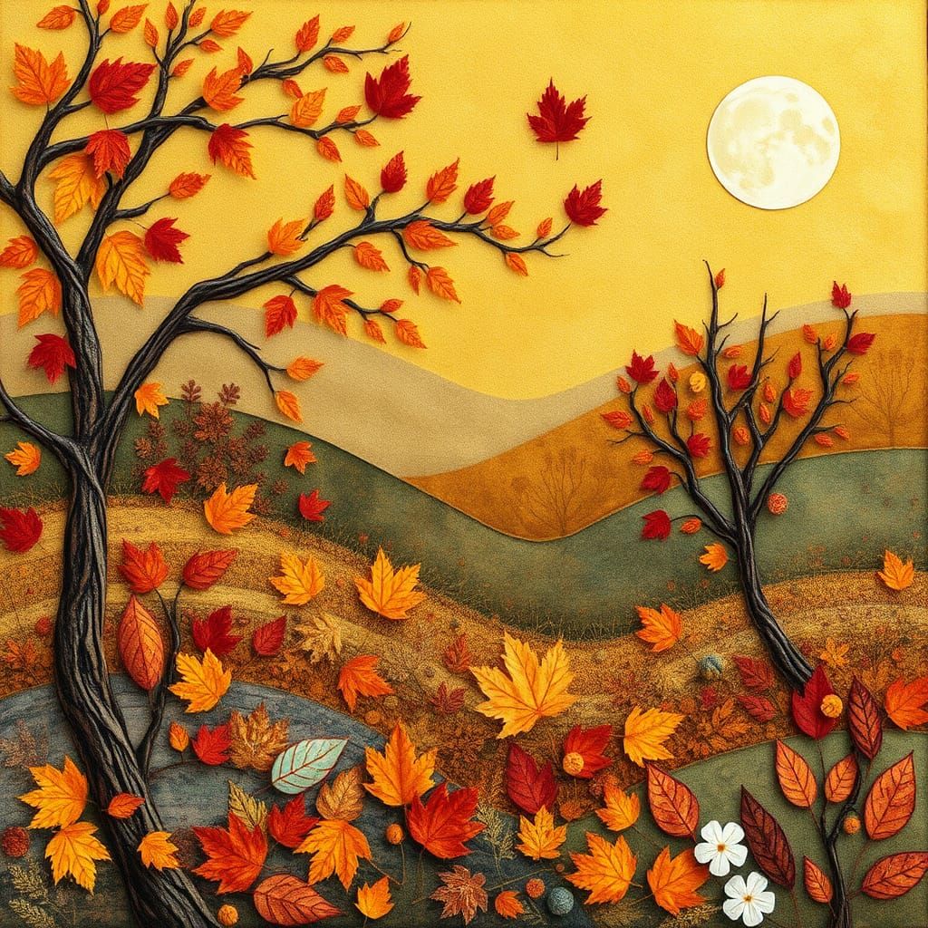 Autumnal Collage Landscape in Folk Art Style