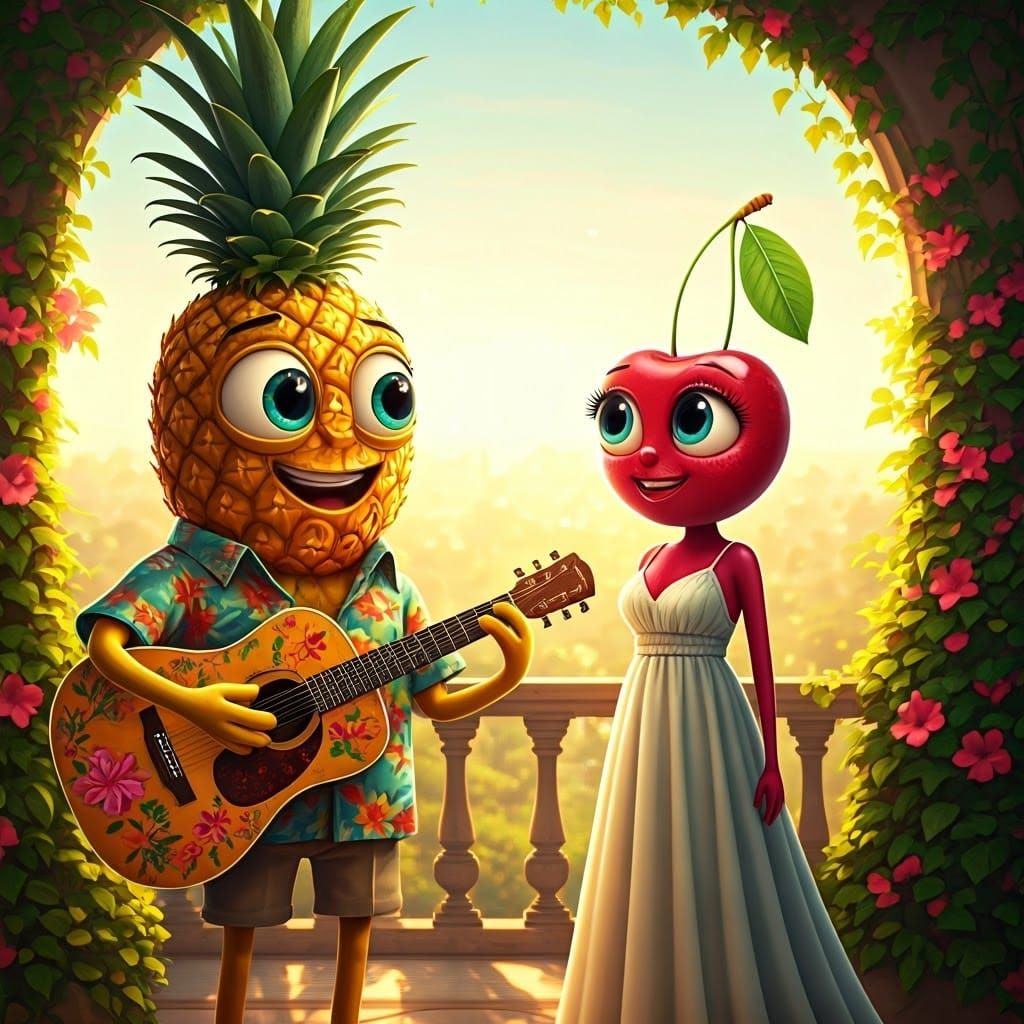 Anthropomorphic Pineapple Serenades Exotic Cherry in Tropica...