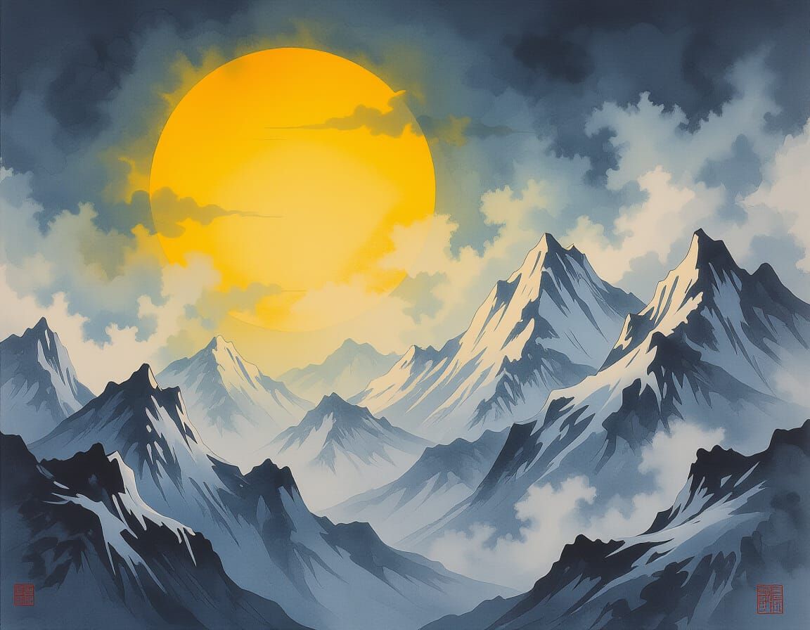 Surreal Chinese Ink Painting of Fire and Ice Elements