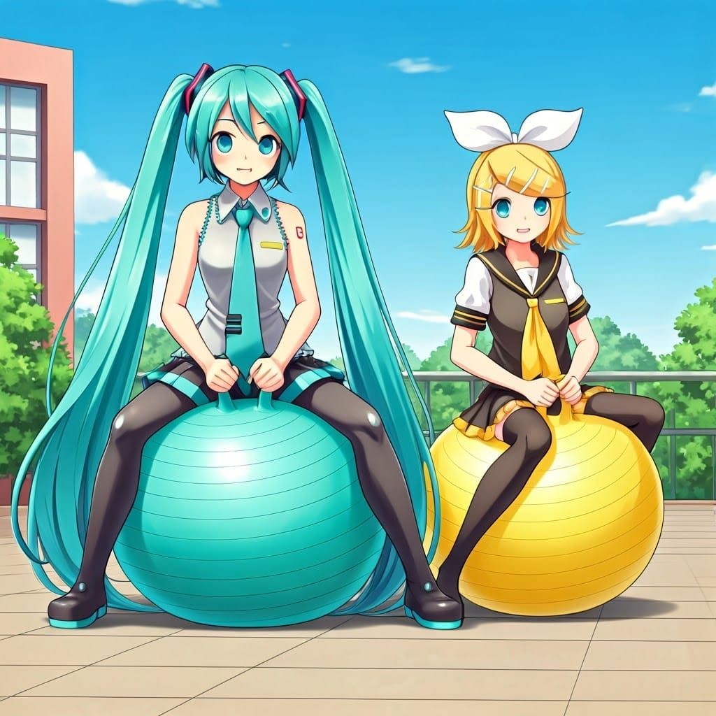 Vocaloid Idols Play on Colorful Exercise Balls at School