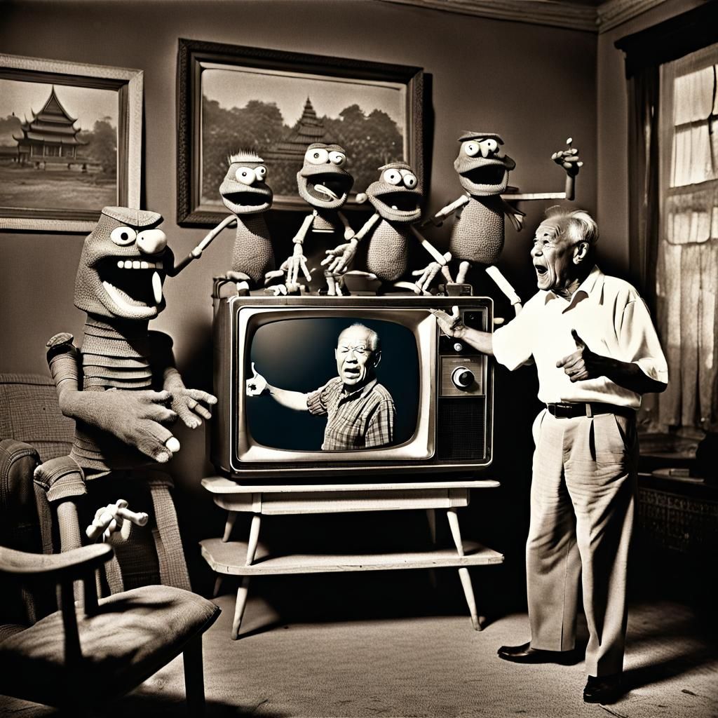 Angry Man Points at Puppets: Vintage Photorealistic Portrait