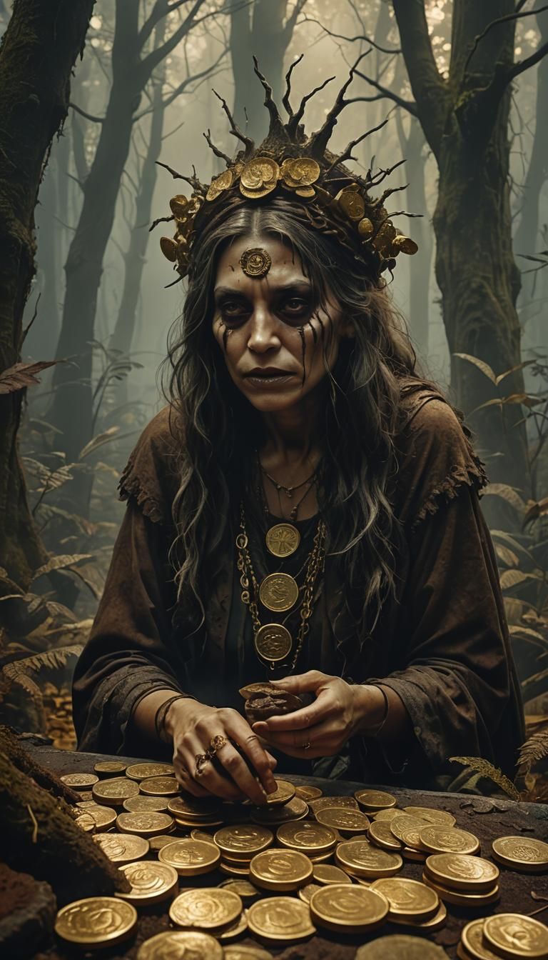 Surreal Witch Transforms into Chocolate Coins in Forest