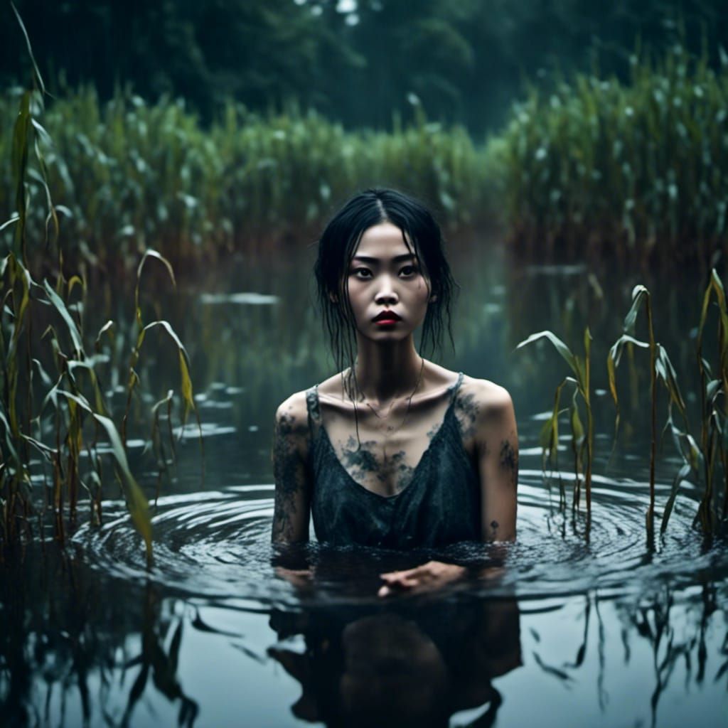 Chinese Woman in Pond with Dark Aesthetic