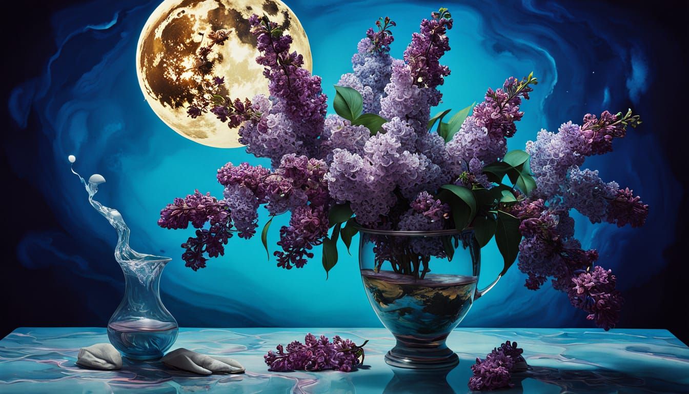 Surreal Lilac Bouquet in Fluid Vase with Moon