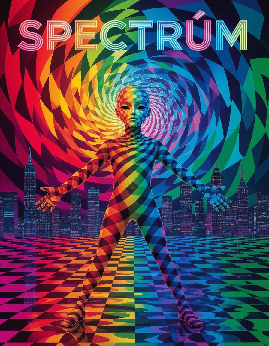 Chromatic Vortex with Kaleidoscopic Figure in Neon City