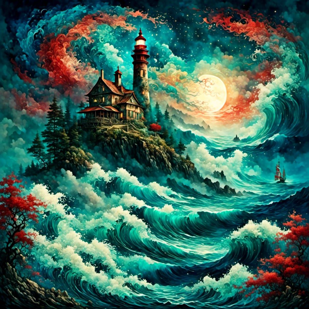 Surreal Lighthouse Landscape with Swirling Waves in Romantic...