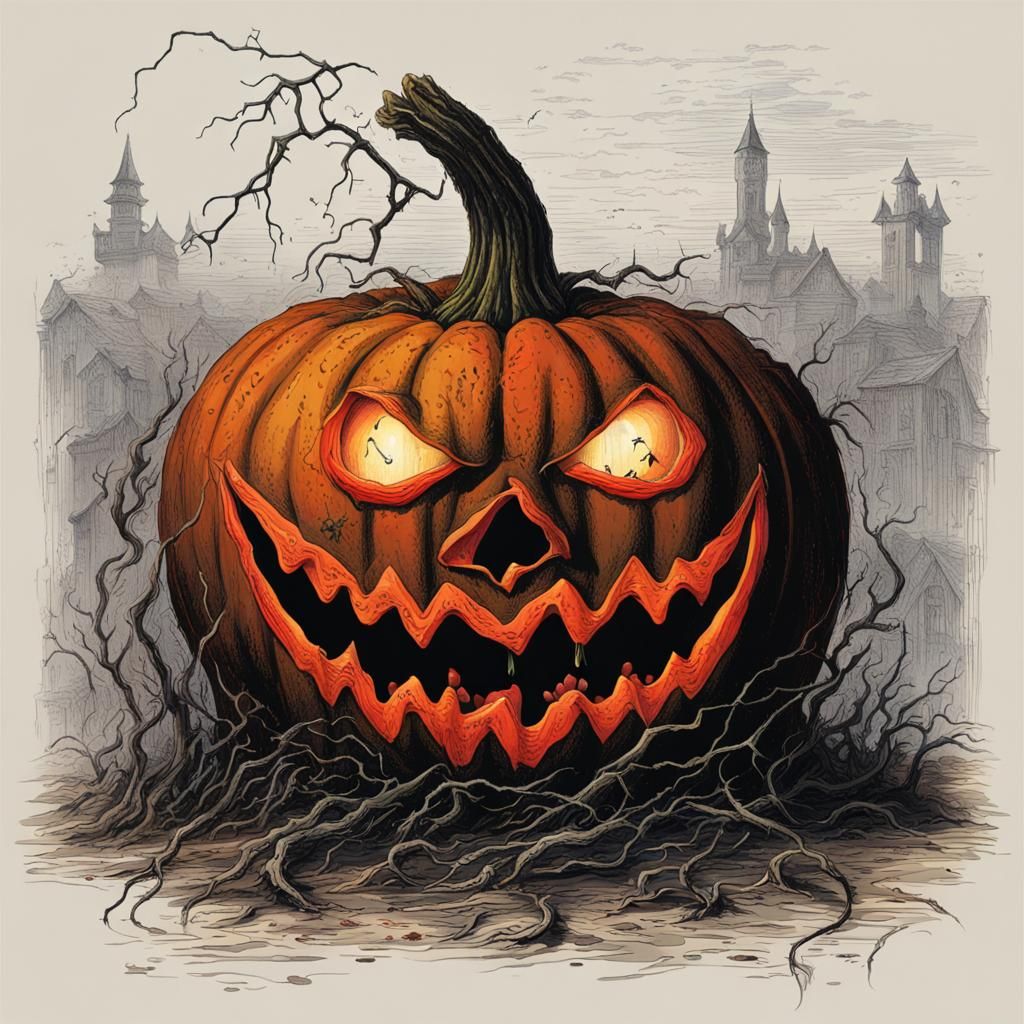 Scary Jack-O'-Lantern with Stitched Mouth in Horror Style