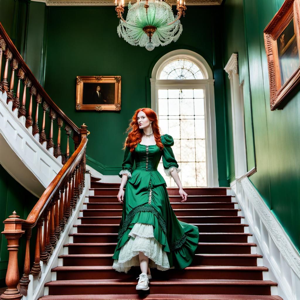 Redhead in Victorian Gown and Sneakers