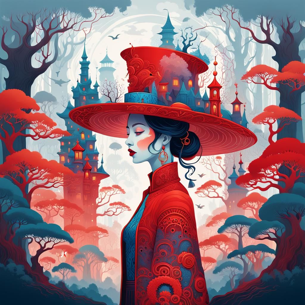 Whimsical Fantasy Woman Adorned with Miniature City in Vibra...