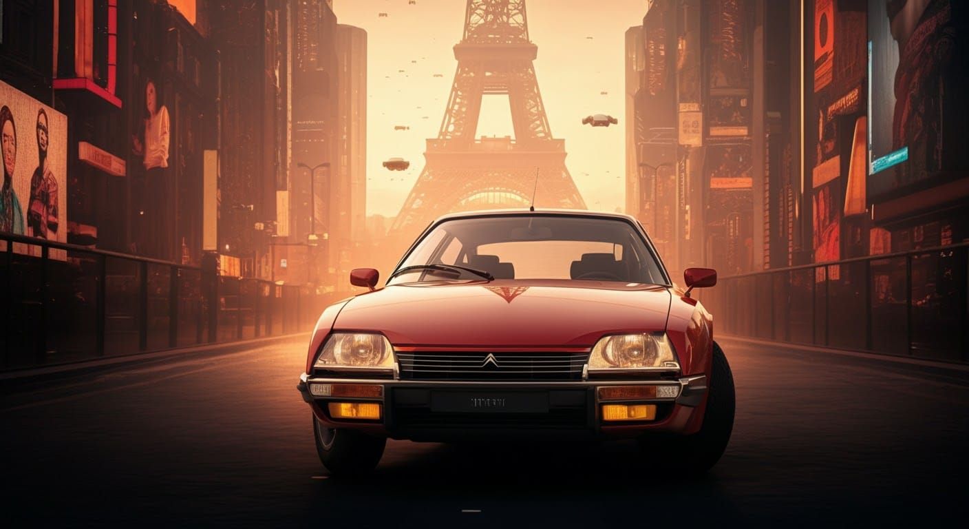 Futuristic Paris Cityscape with 1980 Citroën CX Turbo
