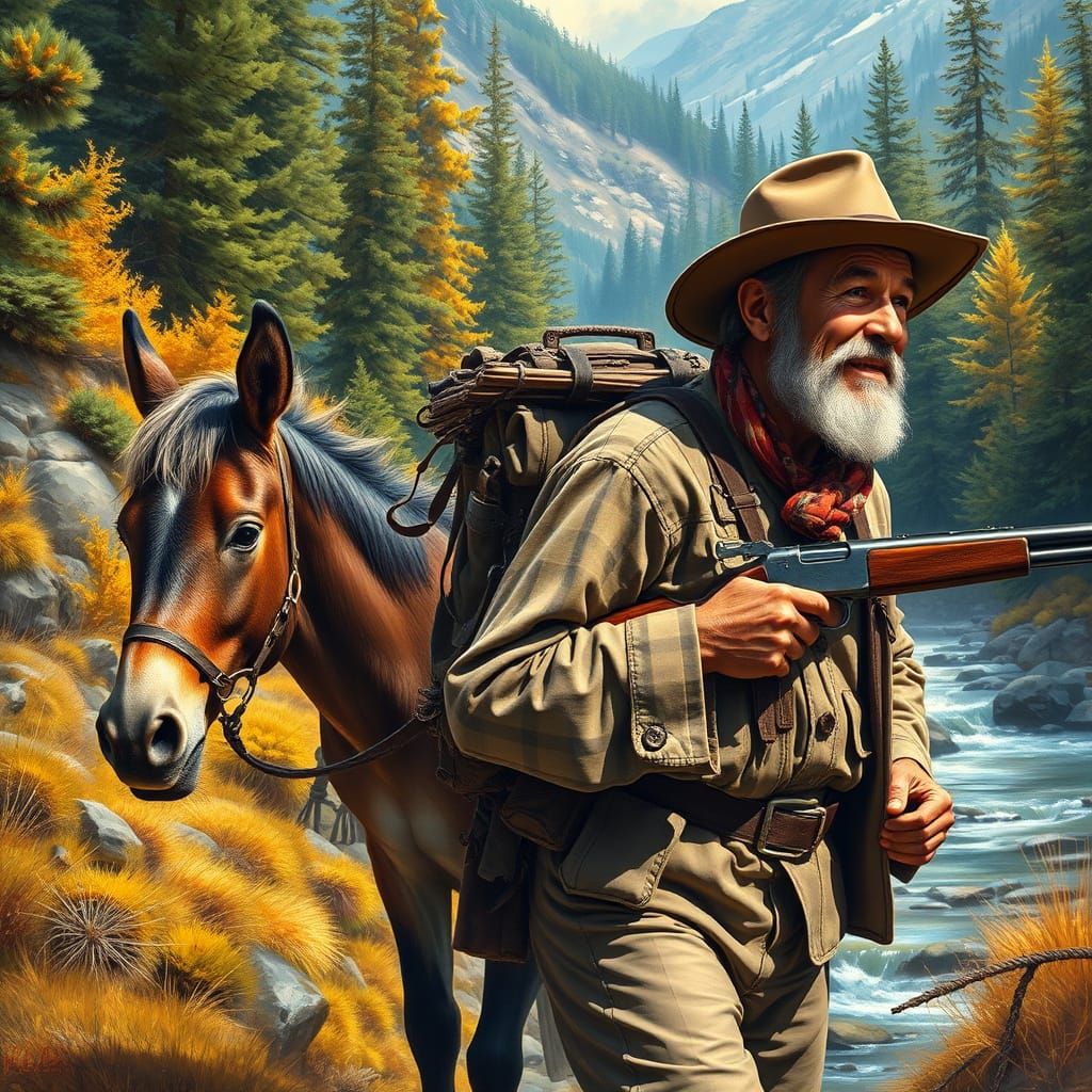 Old Gold Miner in Hyperrealistic Mountain Landscape