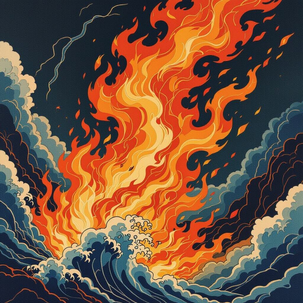 Dynamic Japanese Ukiyo-e Style Fire Art