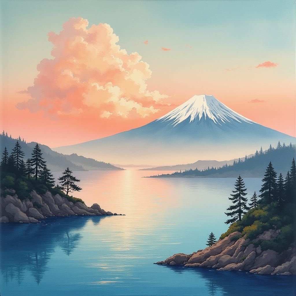 Sunrise Over Japanese Coast with Mount Fuji in Medieval Styl...