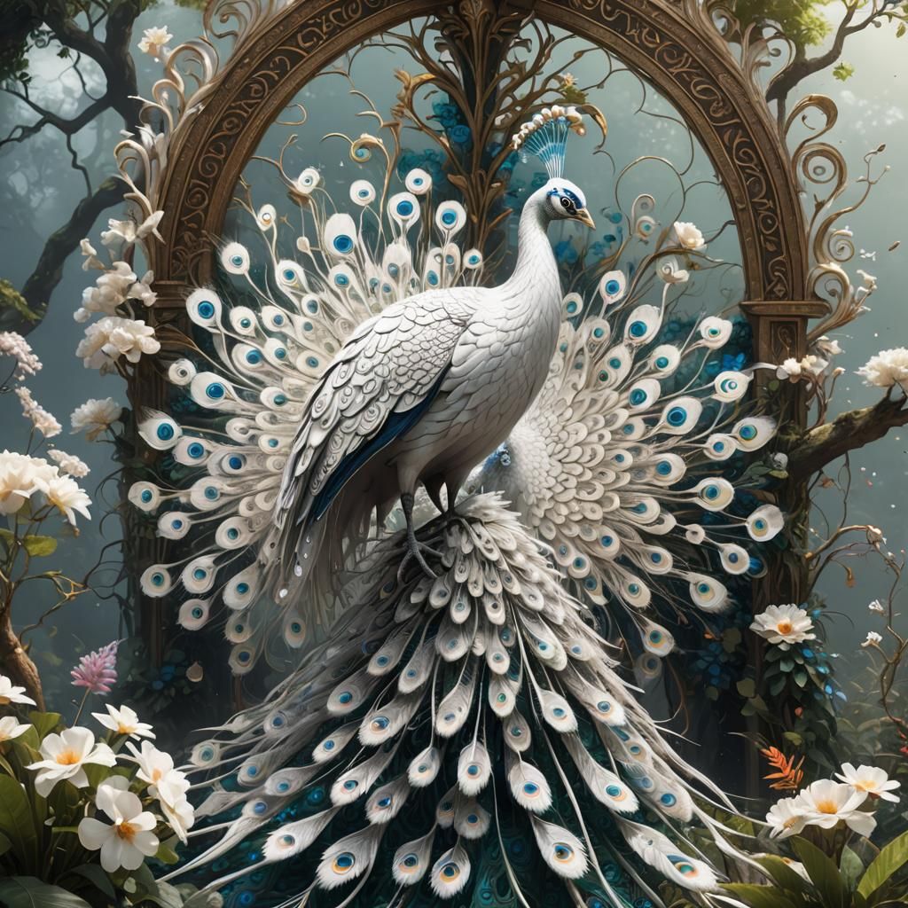 Majestic White Peacock Displaying its Tail Feathers