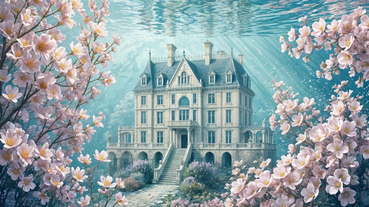 Whimsical Underwater Manor House in Vibrant Gouache Style