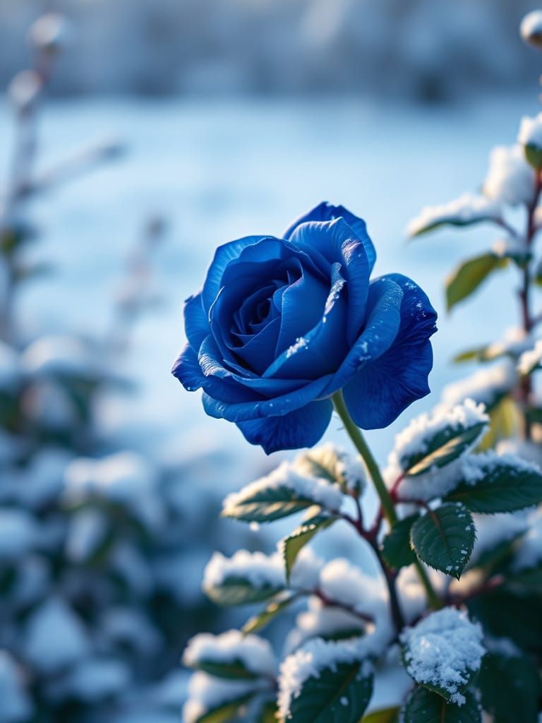 Blue Rose Blooms in Winter Landscape, Cinematic Style