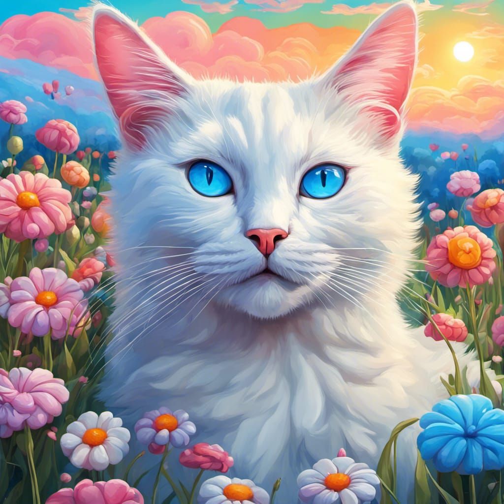 White Cat in Flower Field: Candy Art Style