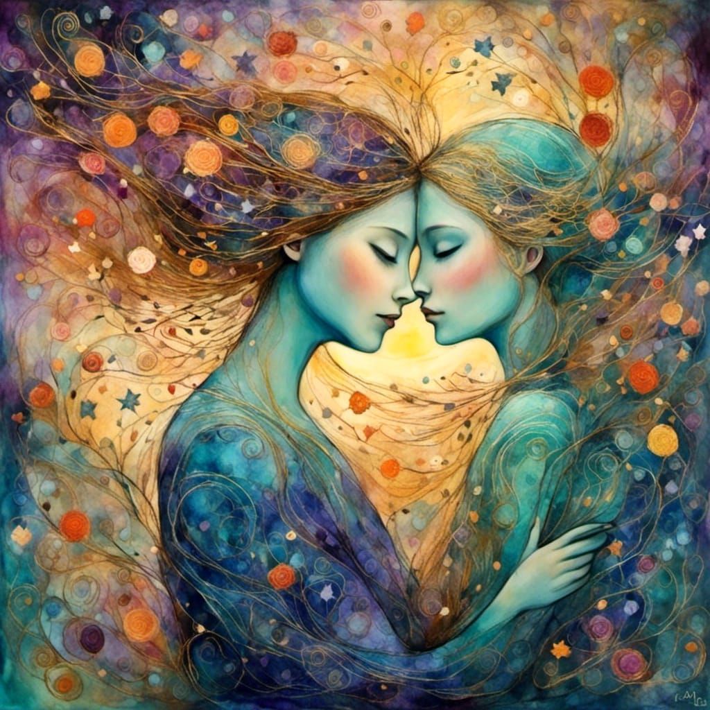 Ethereal Figures Touching in Liquid Ink Style