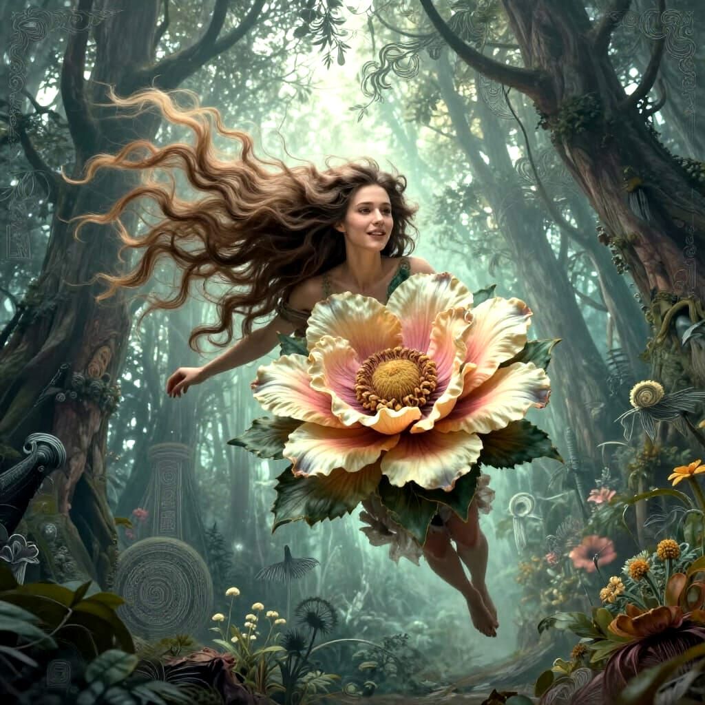 Woman Soaring with Narcotic Flower in Surreal Forest