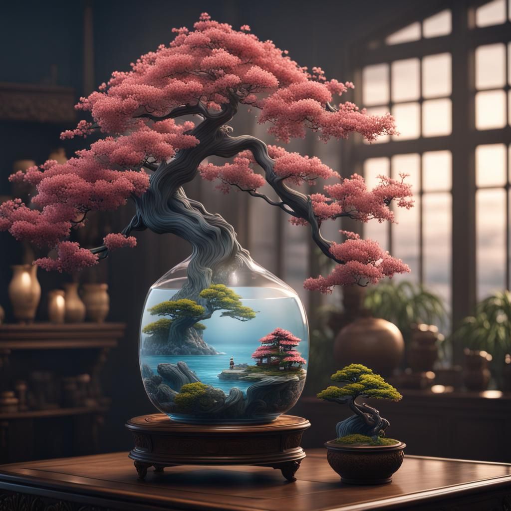 Ocean Bonsai in Glass Vase: Detailed Matte Painting
