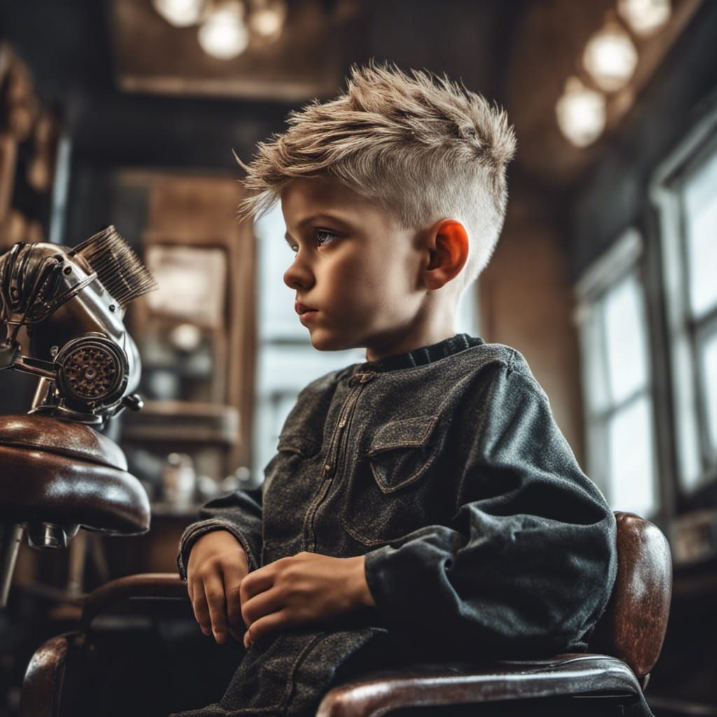 Hyperrealistic Boy in Barber Chair, Sharp Focus