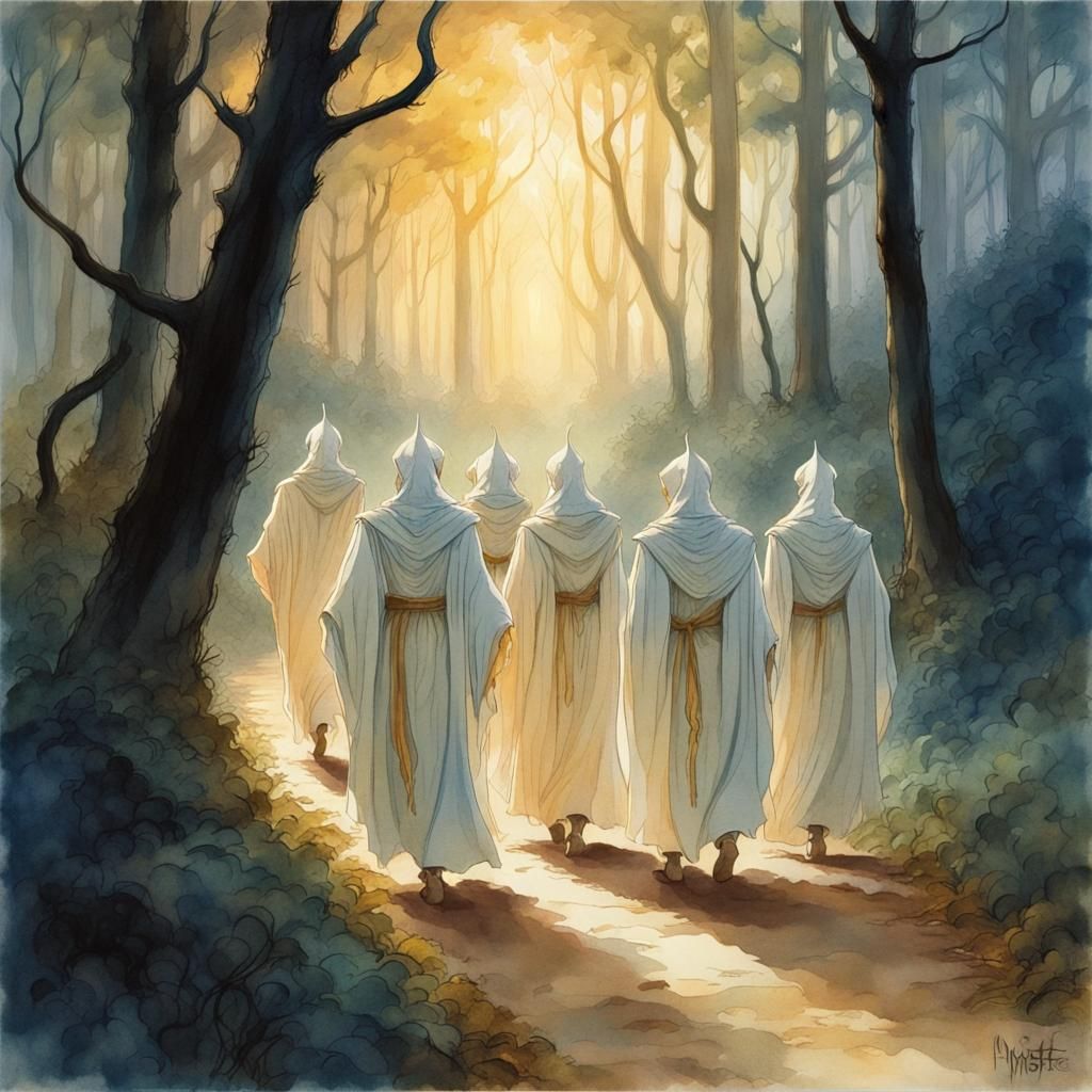 fantasy woodland with a trope of beautiful white robed Calaquendi elves walking a path in defeat, returning to Valinor, ...