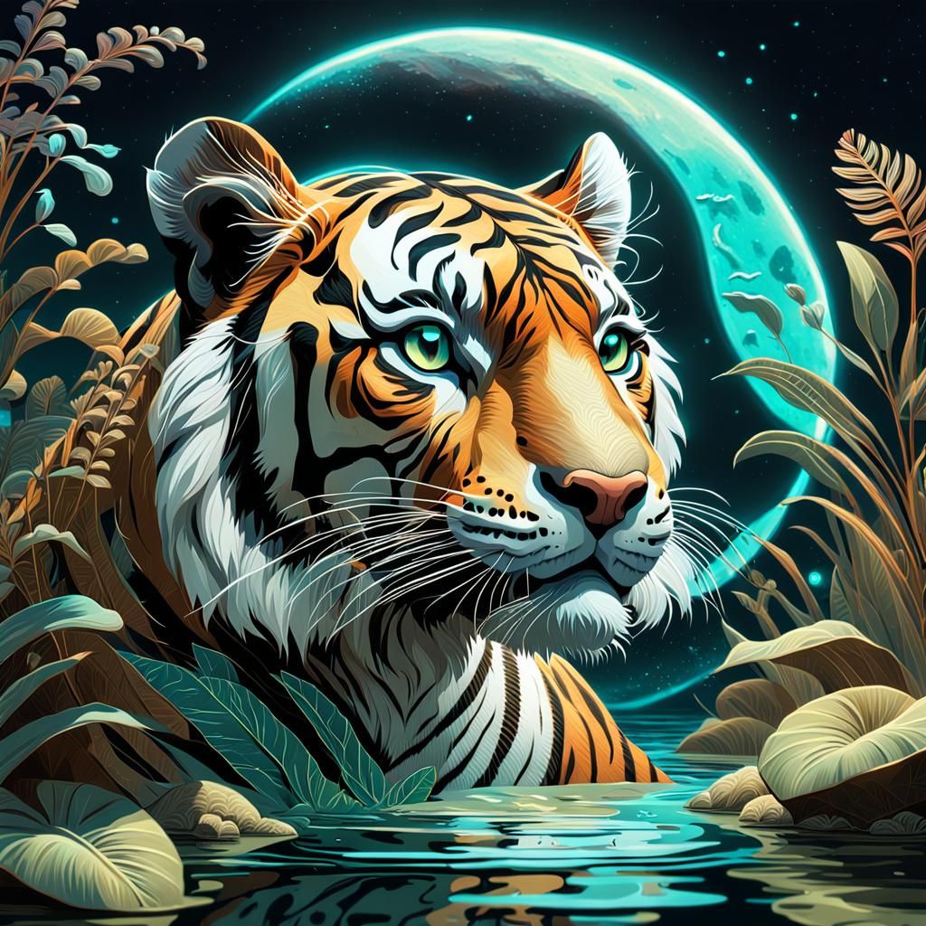 Art Deco Tiger Cub in Bioluminescent Jungle