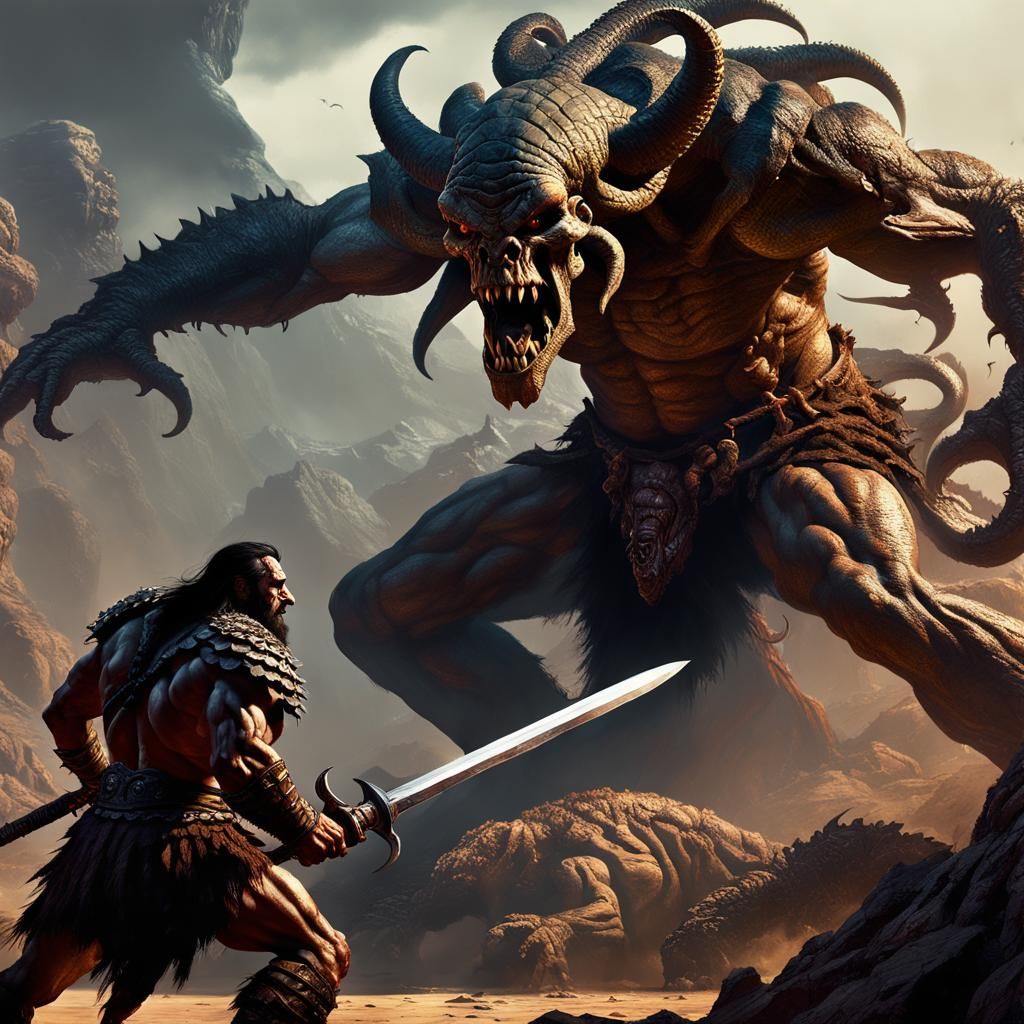 Barbarian Warrior vs Reptilian Mind Flayer in Dark Fantasy