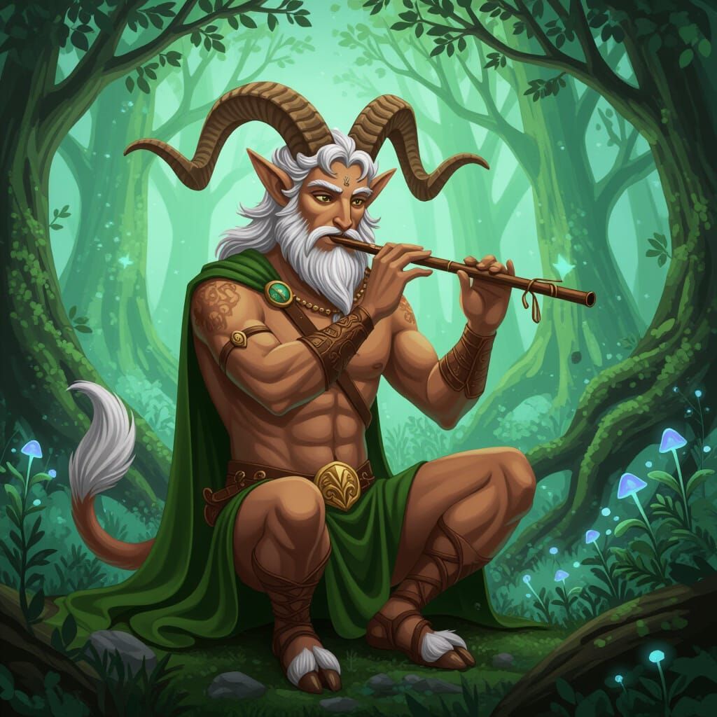 Male Satyr Playing Flute in Magical Forest
