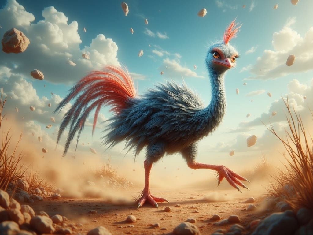 Comical Pigeon Impersonates Ostrich in Cartoon Style