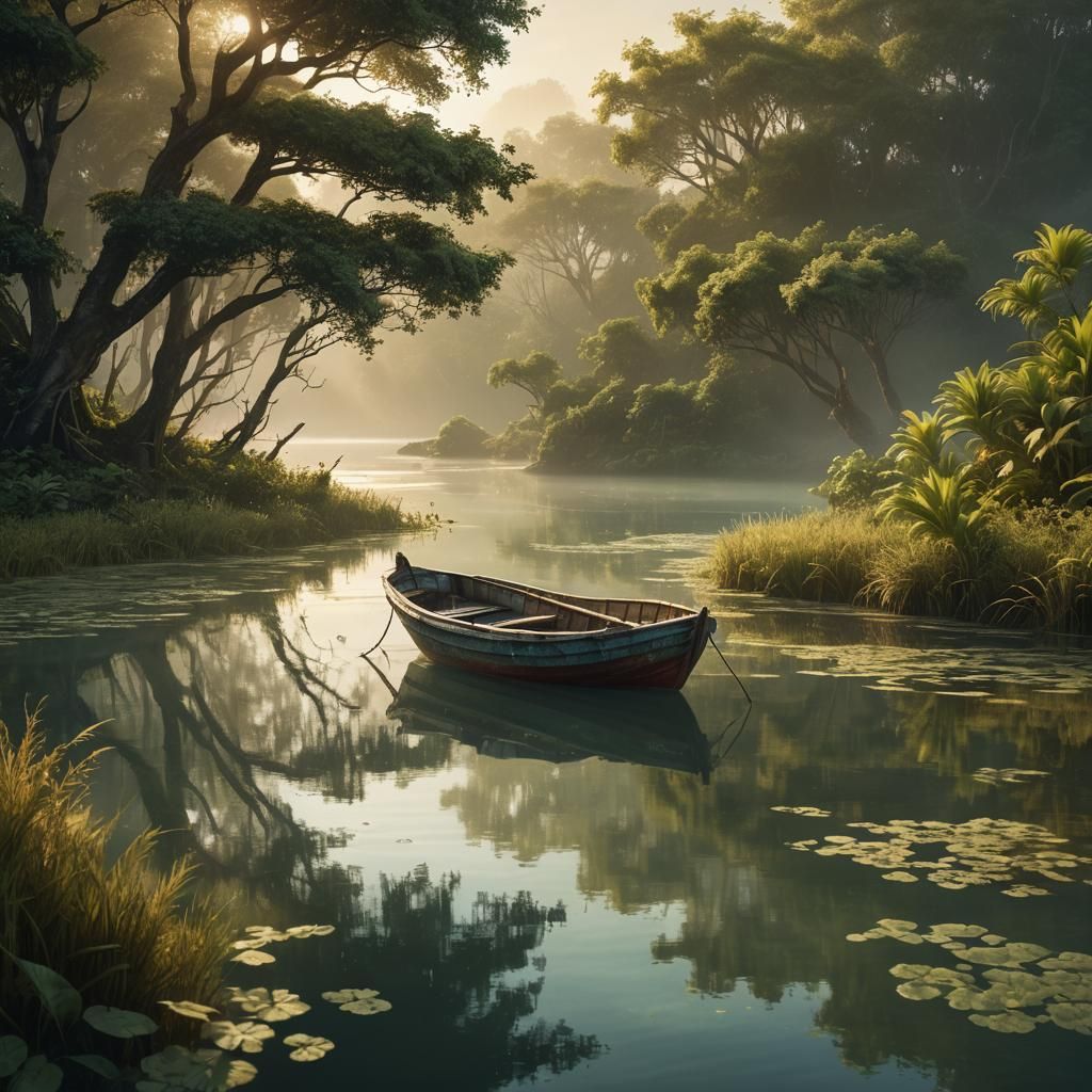 Fishing Boat at Lagoon's Edge in Morning Light