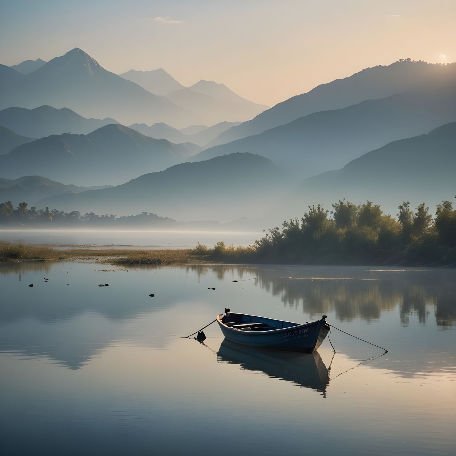 Misty Lagoon: Fishing Boat at Dawn