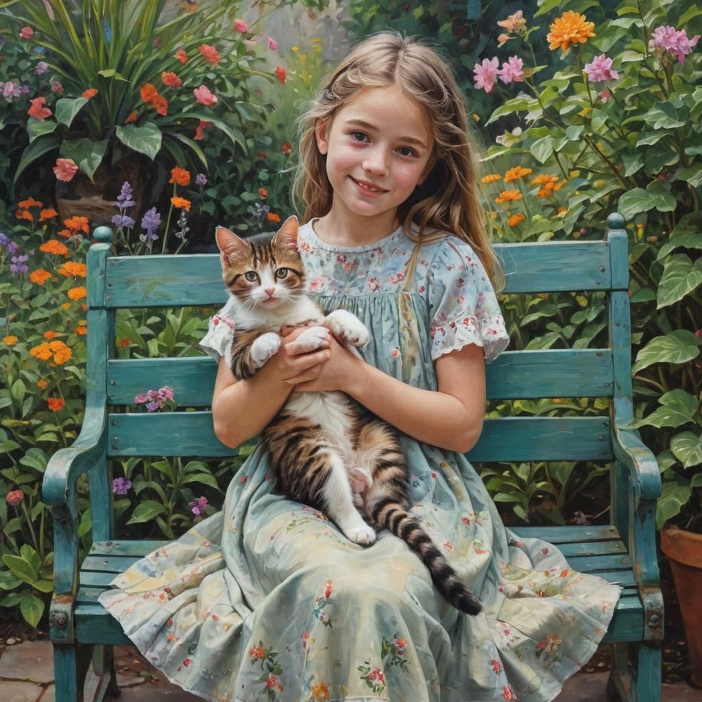 Girl and Kitten in Abstract Oil Painting