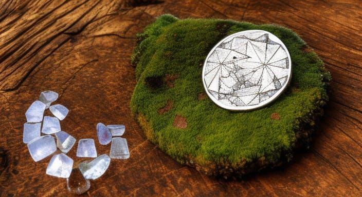 Mystical Crystal Amulet on Mossy Wooden Table