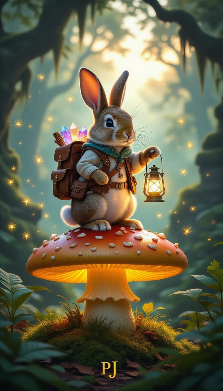 Brave Rabbit Explorer in Enchanted Forest