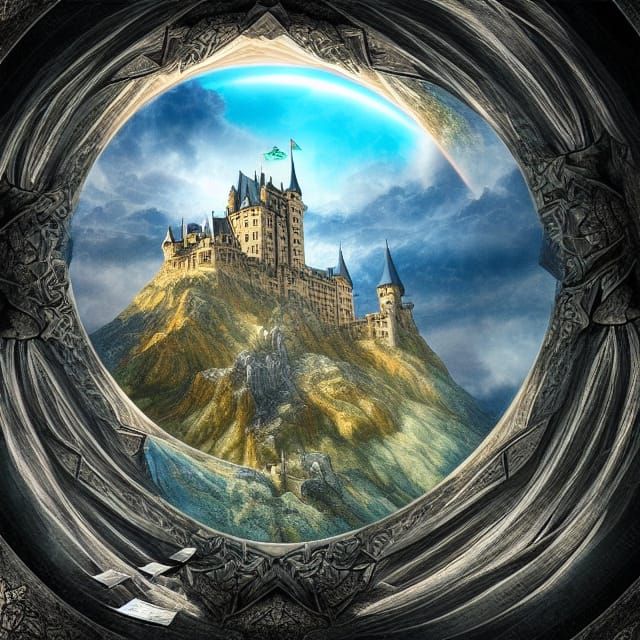 Surreal Castle on Mountain: Hyperdetailed Matte Painting