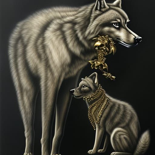 Alien Wolf and Pup in Surreal Airbrush Art